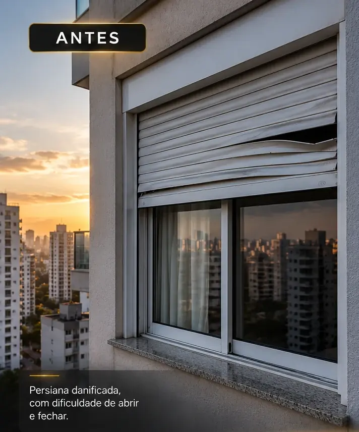 Persiana externa danificada em fachada de apartamento antes do reparo
