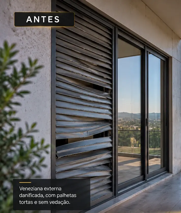 Veneziana externa danificada com palhetas tortas antes do reparo