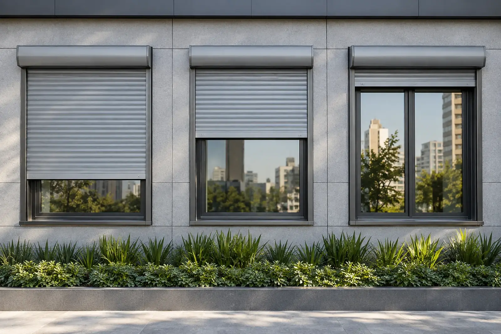 Fachada moderna com persianas externas cinza em edifício comercial